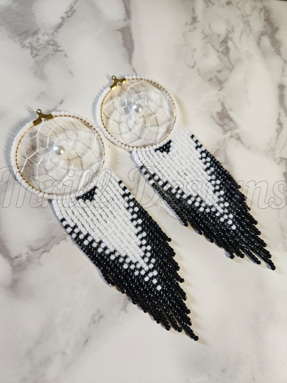 Beaded Dreamcatcher Fringe Earrings - Black & White